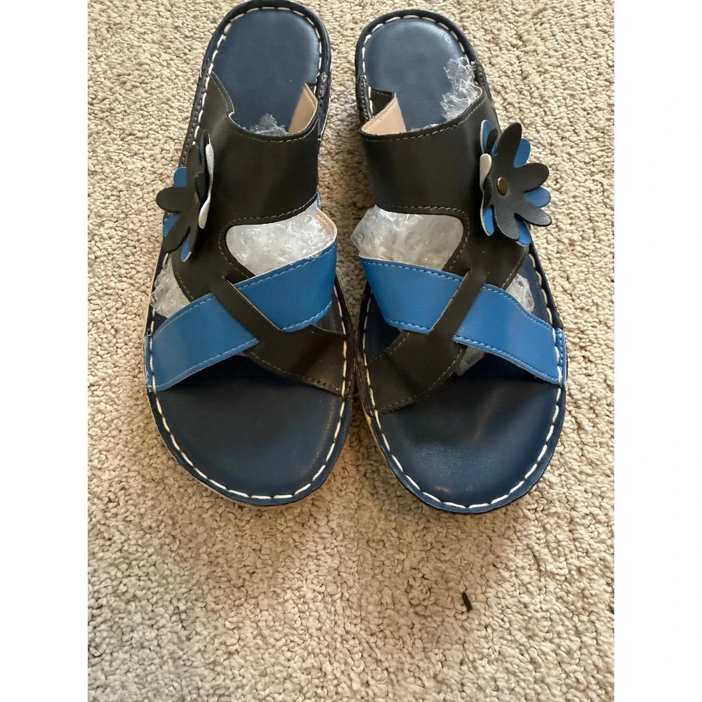 Bunion Corrector Navy & Red Leather Flower Wedge Sandals‎ Size 38 EU Gently Worn